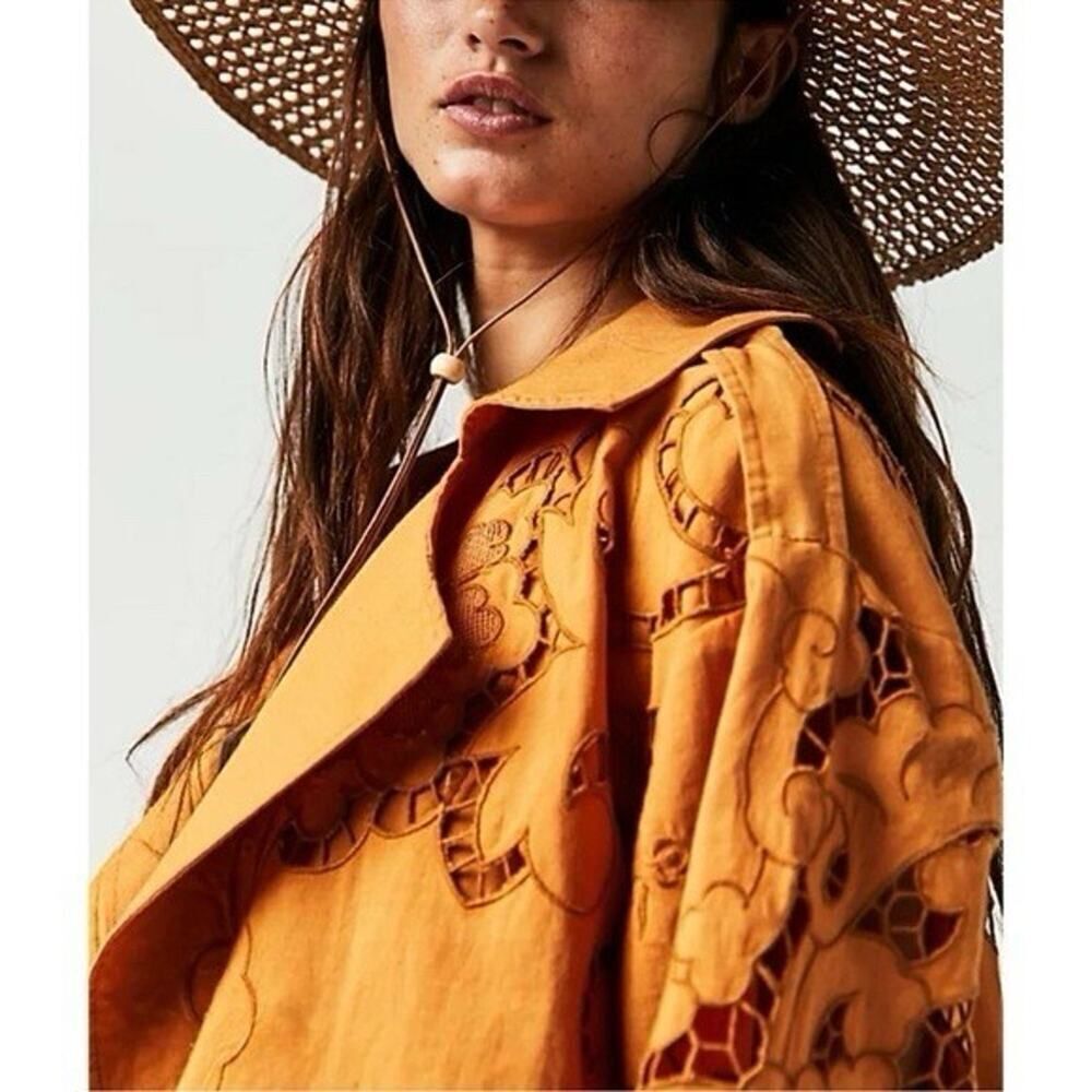 Free People Mustard Embroidered Trench Coat size s - Picture 6 of 11